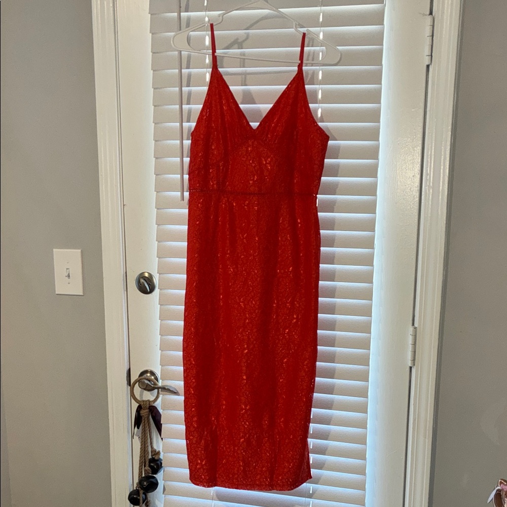 NSR Vibrant Red/Orange Lace Midi Dress
